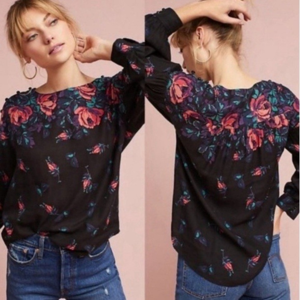 Maeve Gardenia Linen Blend Top Womens Sz XL Black Floral Long Sleeve